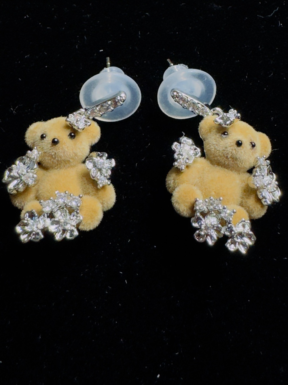 Plush Teddy Bear Crystal Drop Earrings - Beige
